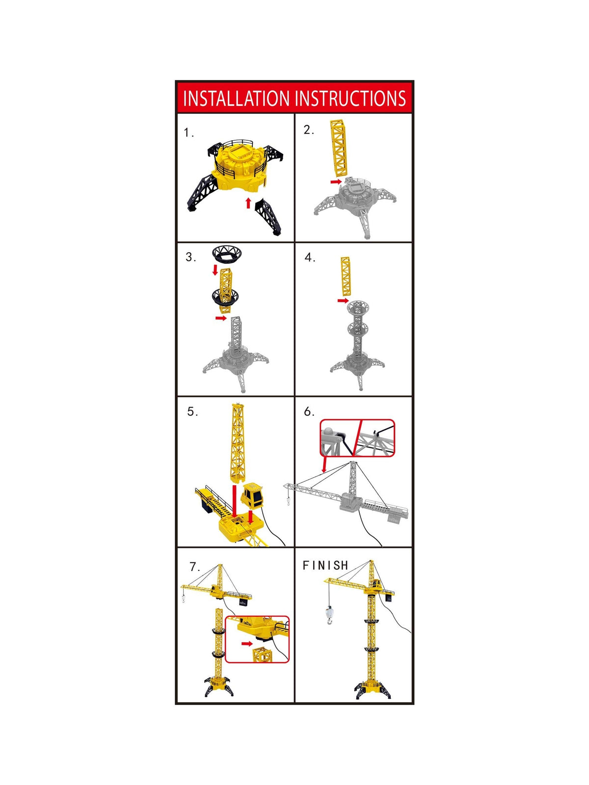 Installation instructions for a toy crane set on a white background