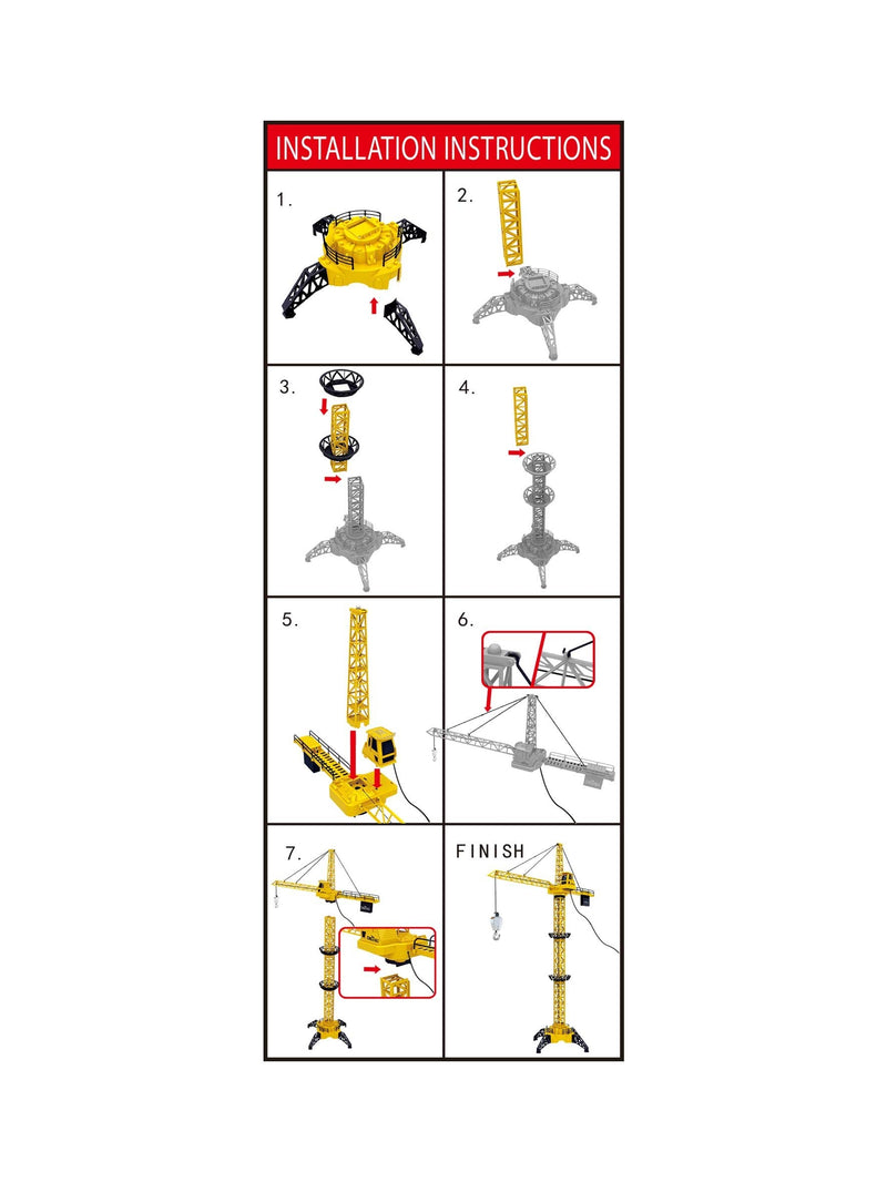 Installation instructions for a toy crane set on a white background