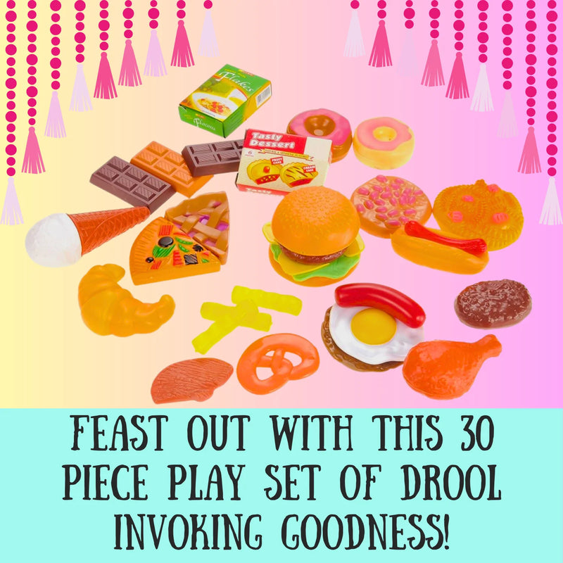 30-piece kids play food set – burgers, donuts, and treats for endless pretend play fun.