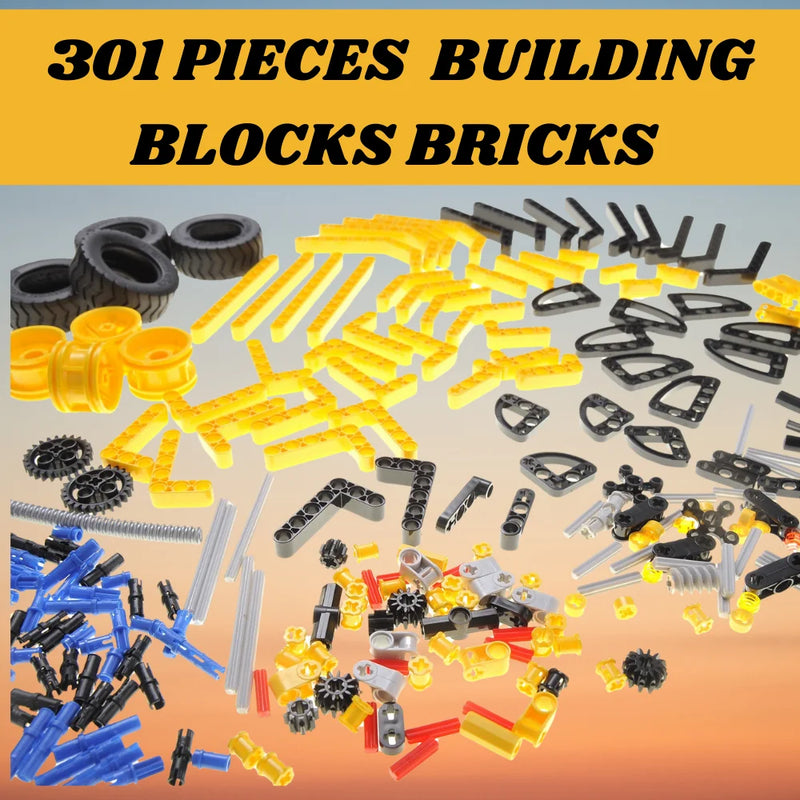 301-piece building blocks set with various parts for constructing a 2-in-1 Mechanical Master toy vehicle