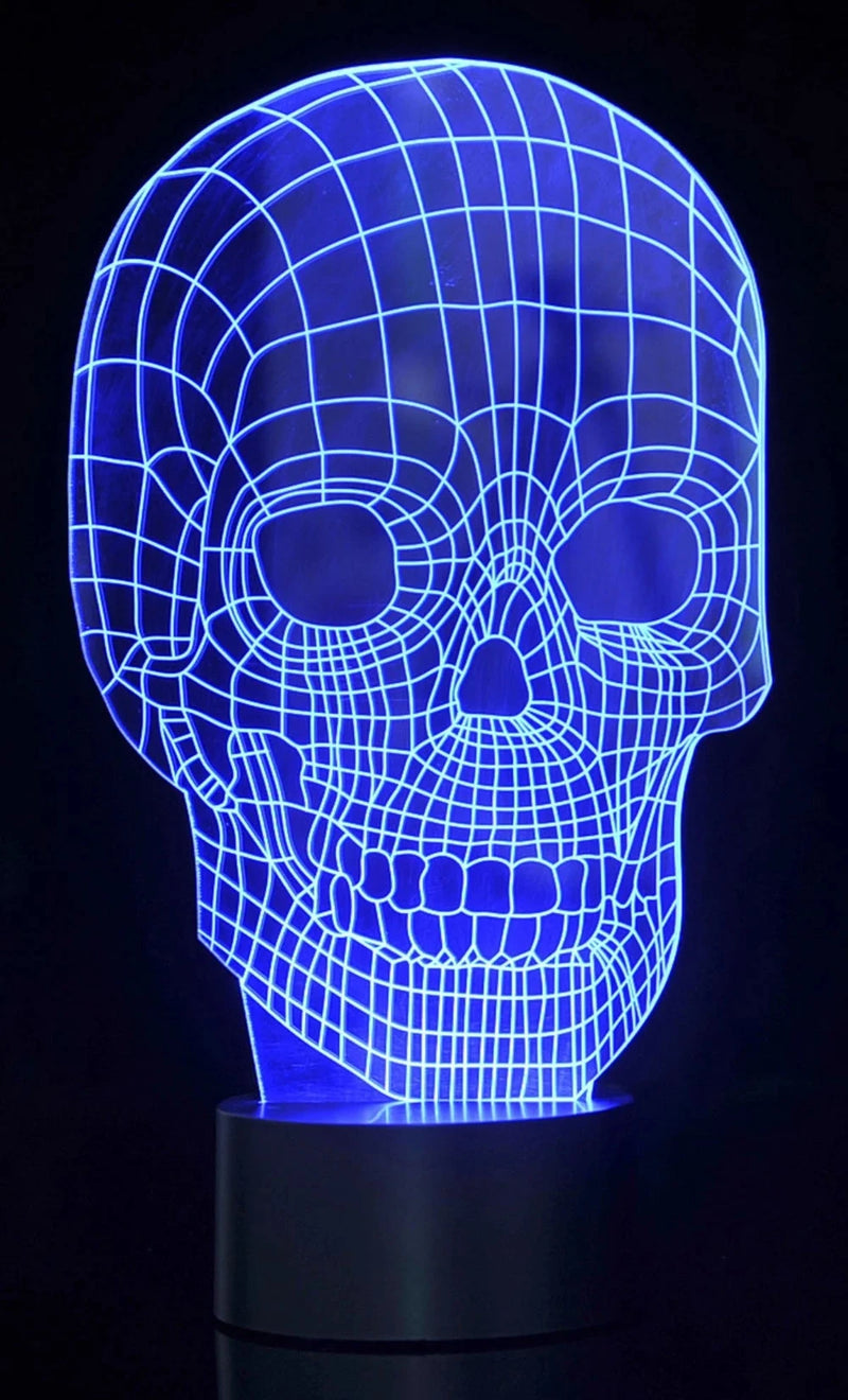 Blue wireframe 3D LED skull light, ideal for themed decor and ambient lighting.