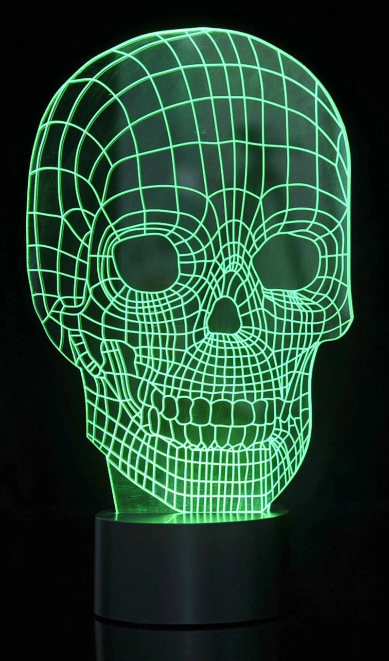 Green 3D LED skull light with intricate wireframe details, perfect for themed lighting.