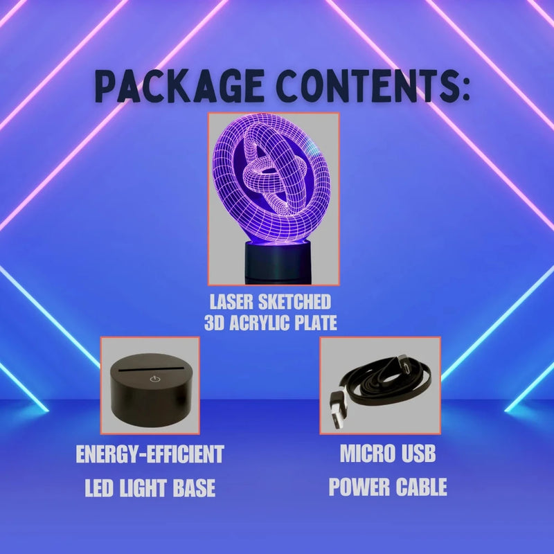 Package contents of 3D light including acrylic plate, LED base, and micro USB cable.