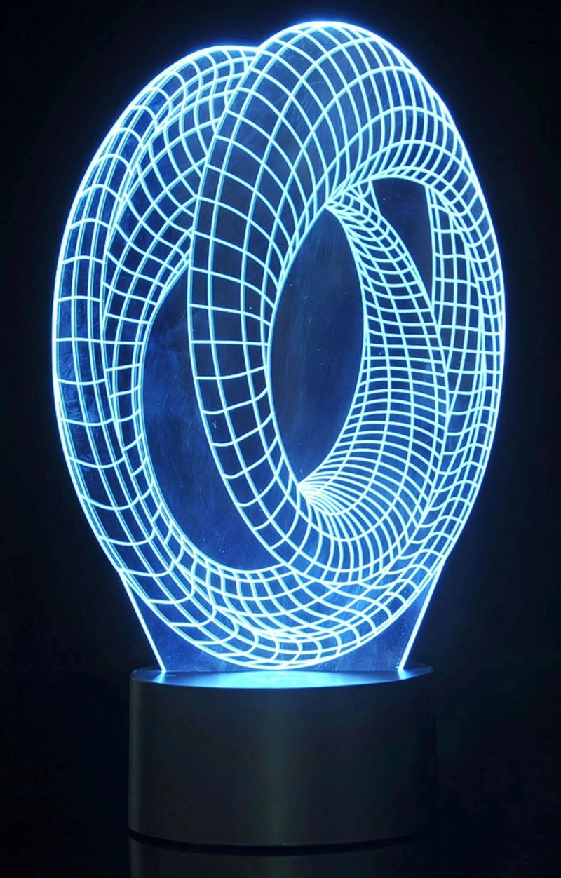 3D illusion lamp lit in blue, displaying a geometric grid design for a unique home decor piece.
