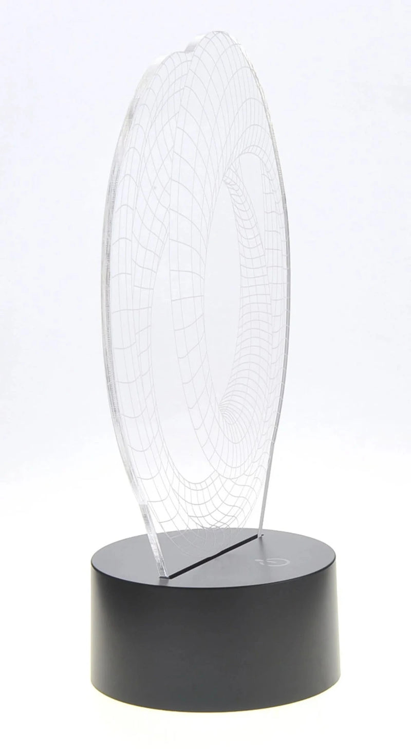 3D illusion lamp with intricate grid design, side view displaying a futuristic light effect