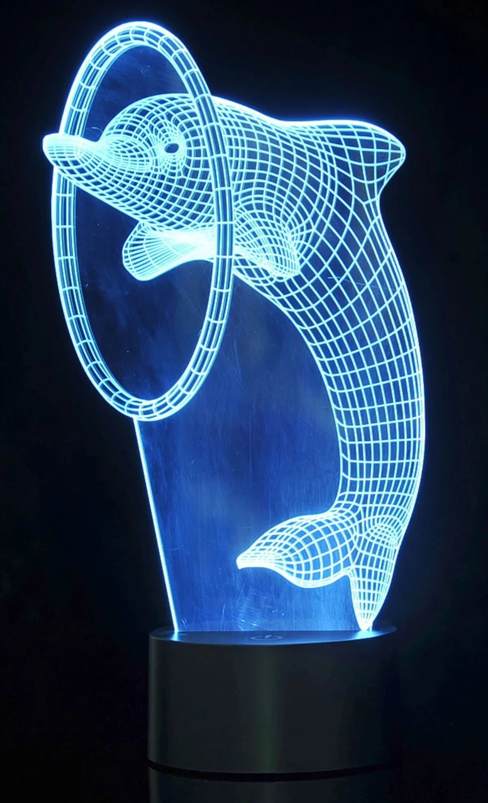 White LED dolphin 3D night light with hoop design, perfect for children's rooms.