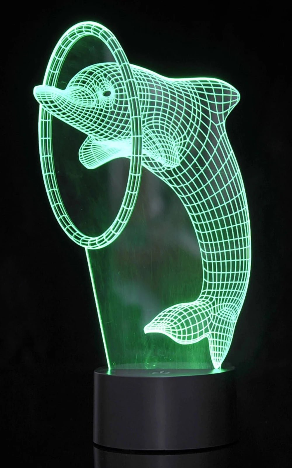Green LED 3D illusion dolphin night light with hoop design, eco-friendly acrylic