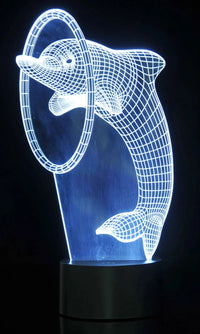 Light blue LED 3D illusion dolphin night light, unique design with hoop.