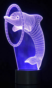 Purple 3D dolphin illusion night light with eco-friendly acrylic and hoop design.