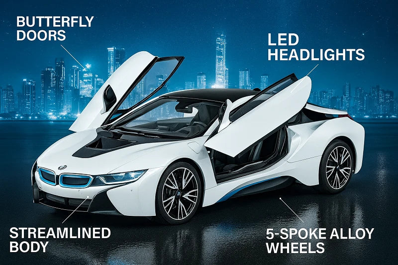 White futuristic car with features highlighted against a cityscape background