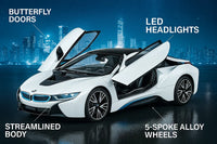 White futuristic car with features highlighted against a cityscape background
