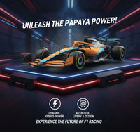 F1 car with 'Unleash the Papaya Power!' text and racing track background
