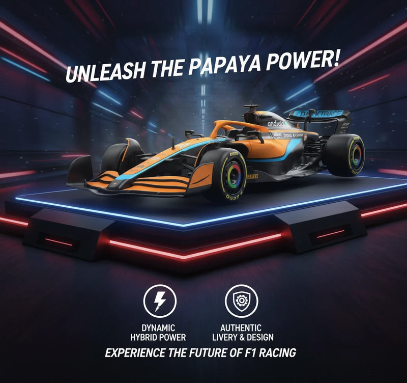 F1 car with 'Unleash the Papaya Power!' text and racing track background