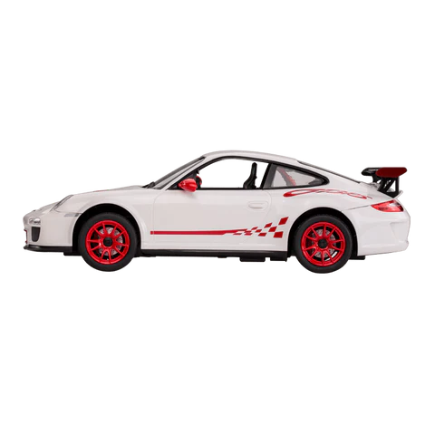 White model car with red accents on a white background
