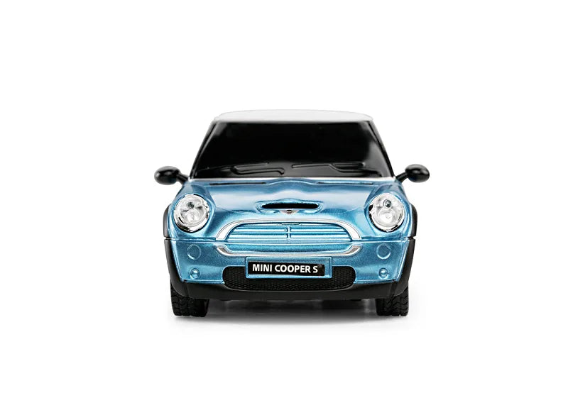 Blue Mini Cooper S model car on a white background