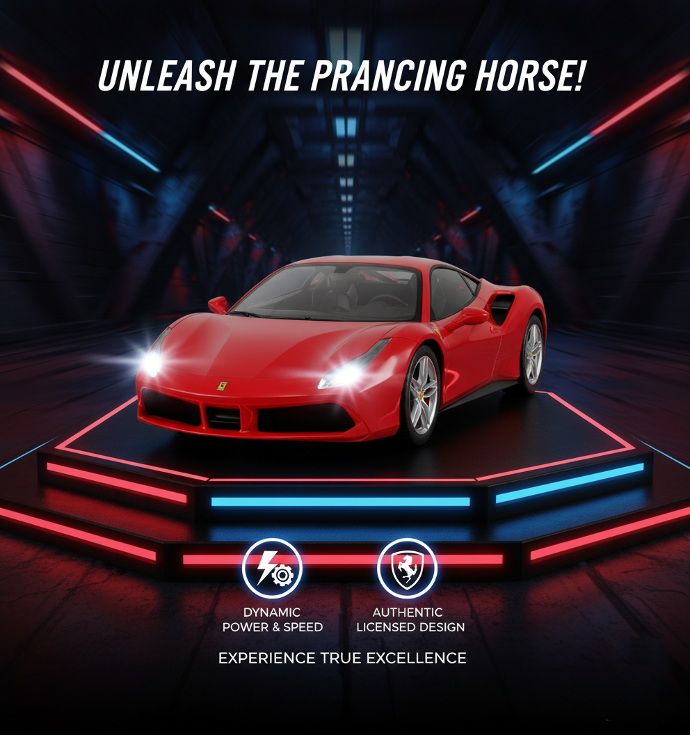 Red sports car on a platform with dynamic lighting and promotional text in a dark setting