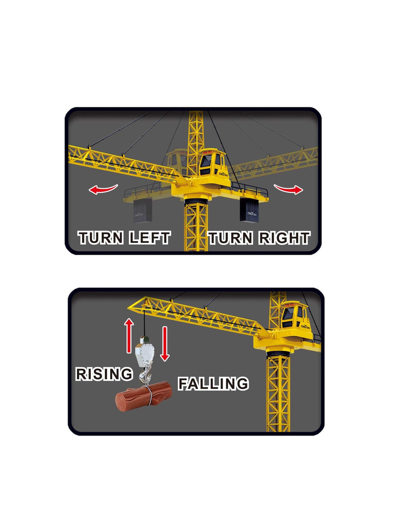 Two illustrations of a yellow crane with directional arrows and labels on a gray background.