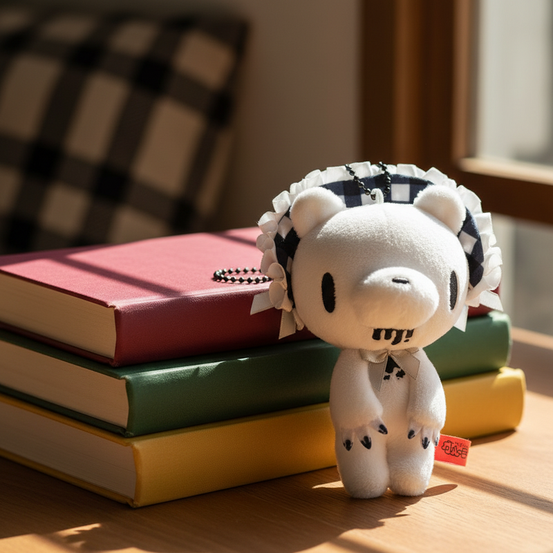 White plush keychain with black accents on a white background