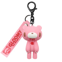 Pink bear-shaped keychain with a strap labeled 'Gloomy Bear' on a white background
