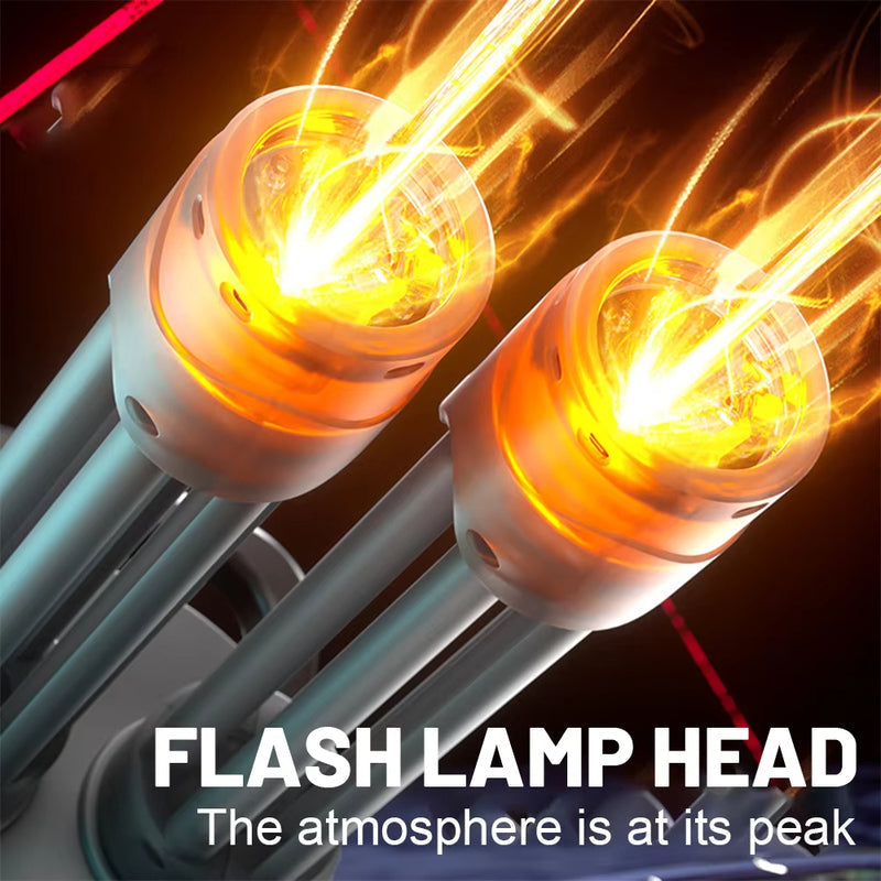 Two flash lamp heads with glowing orange light on a dark background