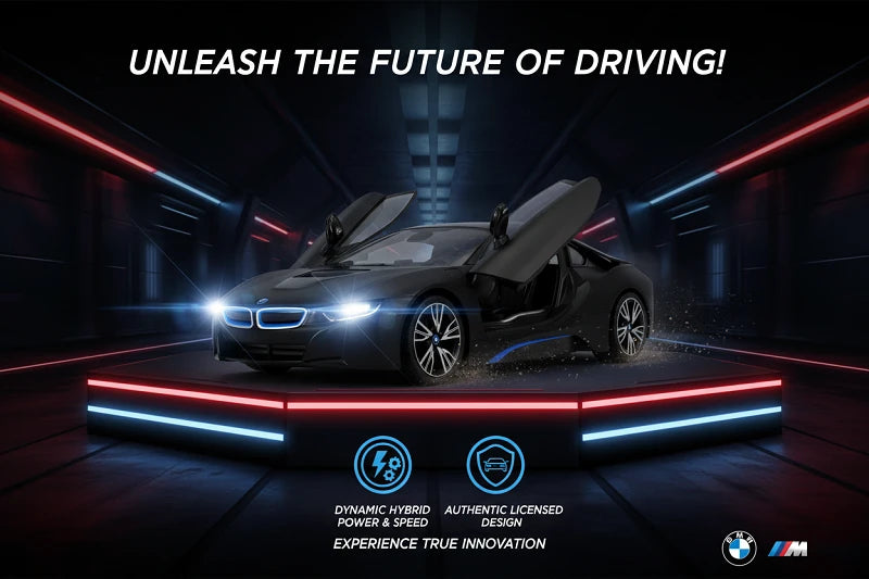 Promotional image of a futuristic car with BMW branding, highlighting 'Unleash the Future of Driving'.