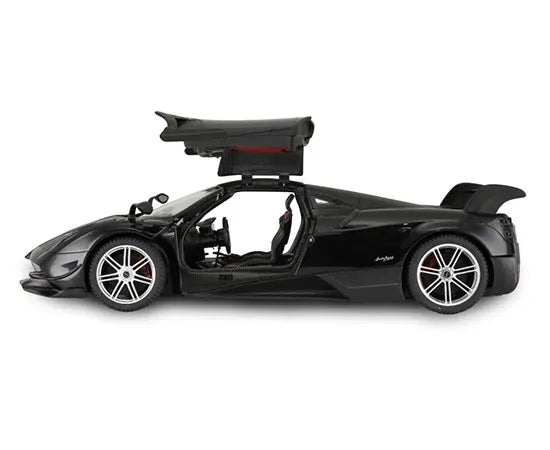 Black toy car with open door on a white background