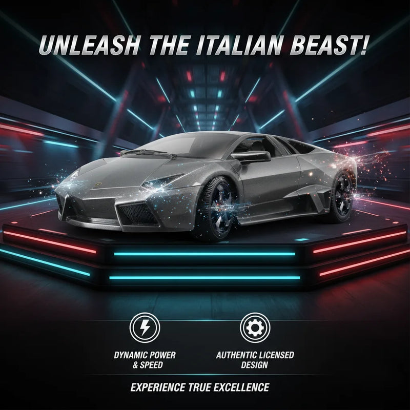 Silver sports car on a dark background with dynamic lighting effects and promotional text.