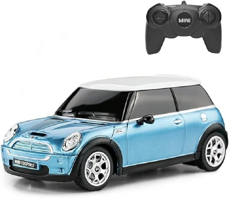 Blue toy car with white roof and remote control on a white background