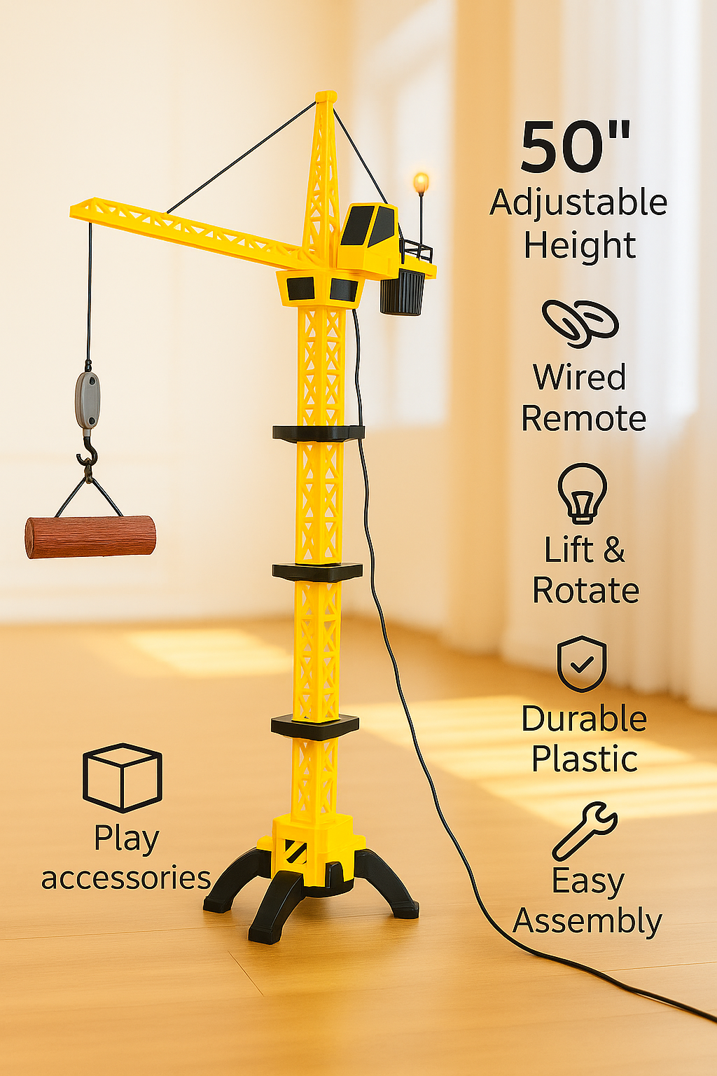 Yellow toy crane with remote control on a wooden floor, featuring adjustable height and play accessories.