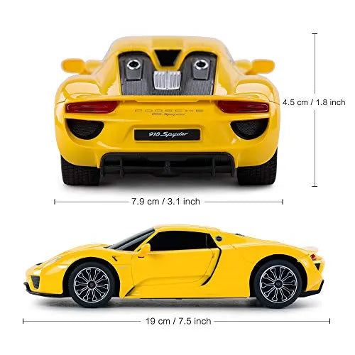 Yellow sports car model with dimensions indicated on a white background