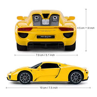 Yellow sports car model with dimensions indicated on a white background