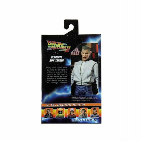 Packaged figure of a character from 'Back to the Future Part II' with branding and product details on a white background.