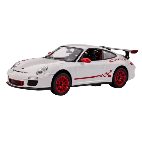 White model car with red accents on a white background