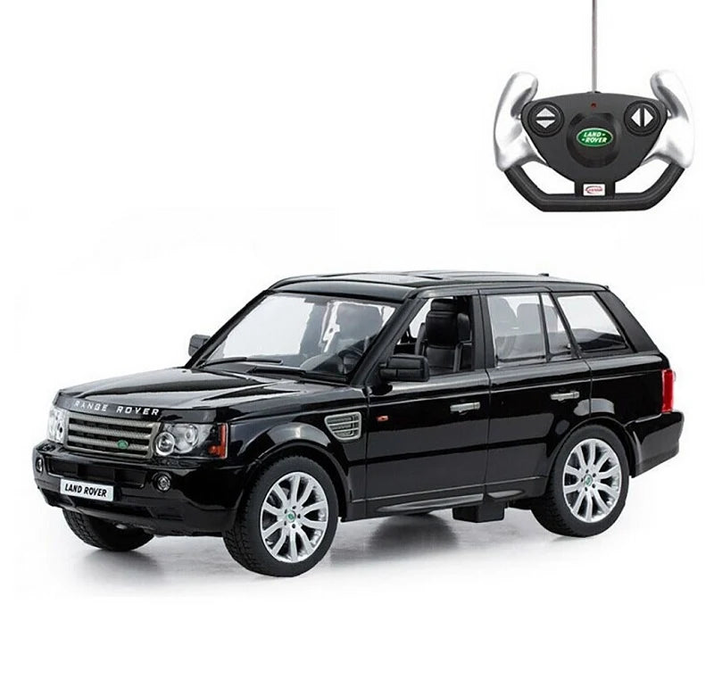 Black Land Rover model car with remote control on a white background
