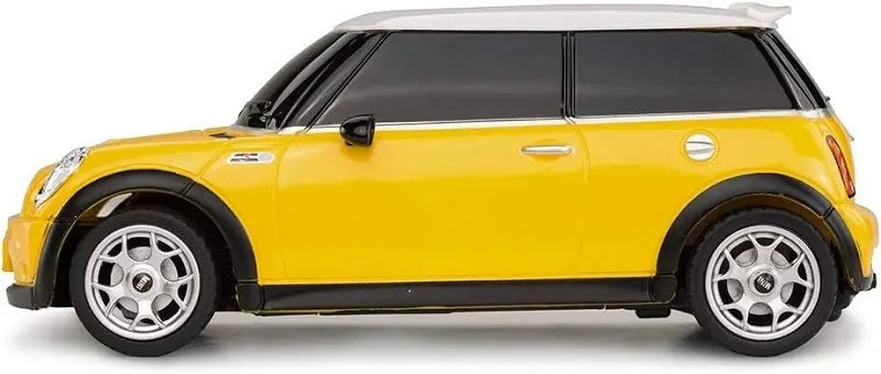 Yellow toy car with black windows on a white background