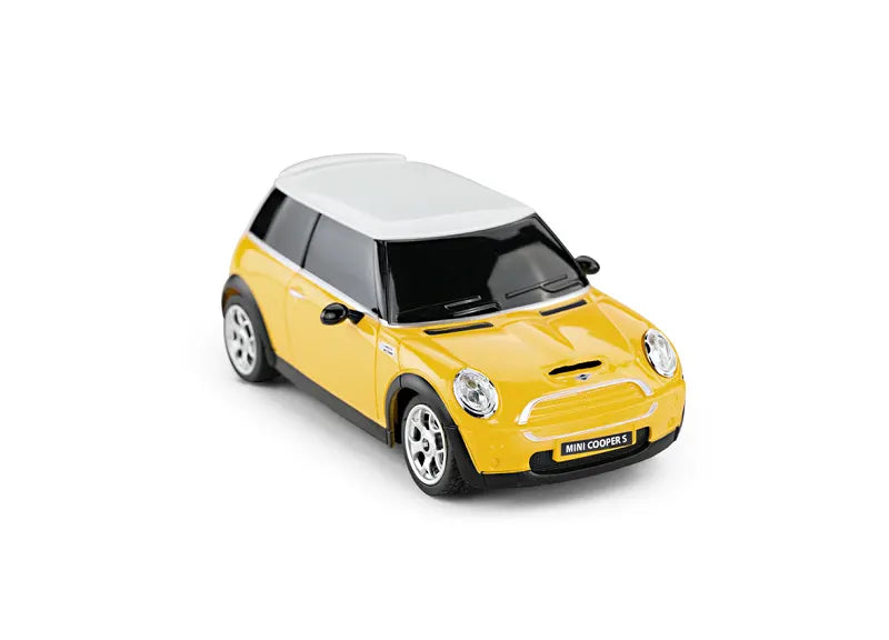 Yellow toy car with a white roof on a white background