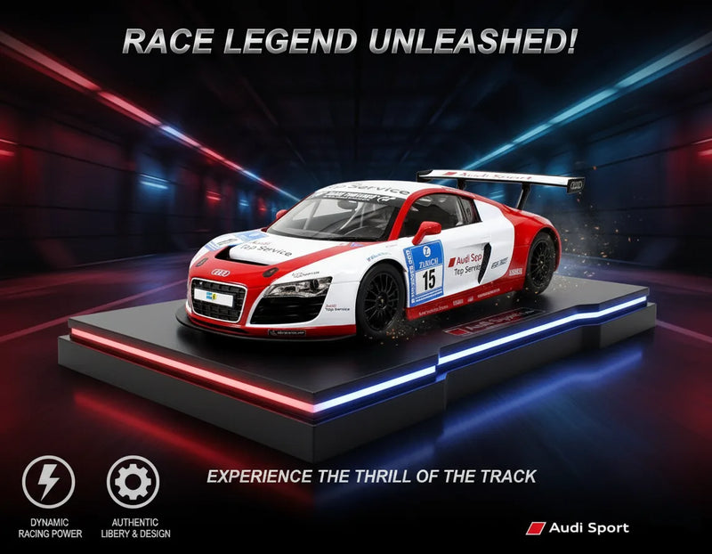 Audi race car on a platform with dynamic lighting and Audi Sport branding.