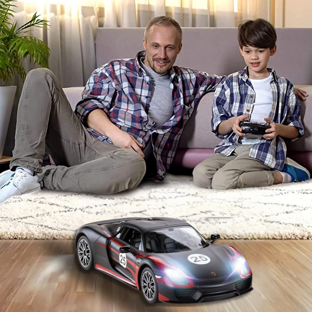 Porsche 918 Spyder RC Car with LED Lights, 1:14 Scale Model, Black