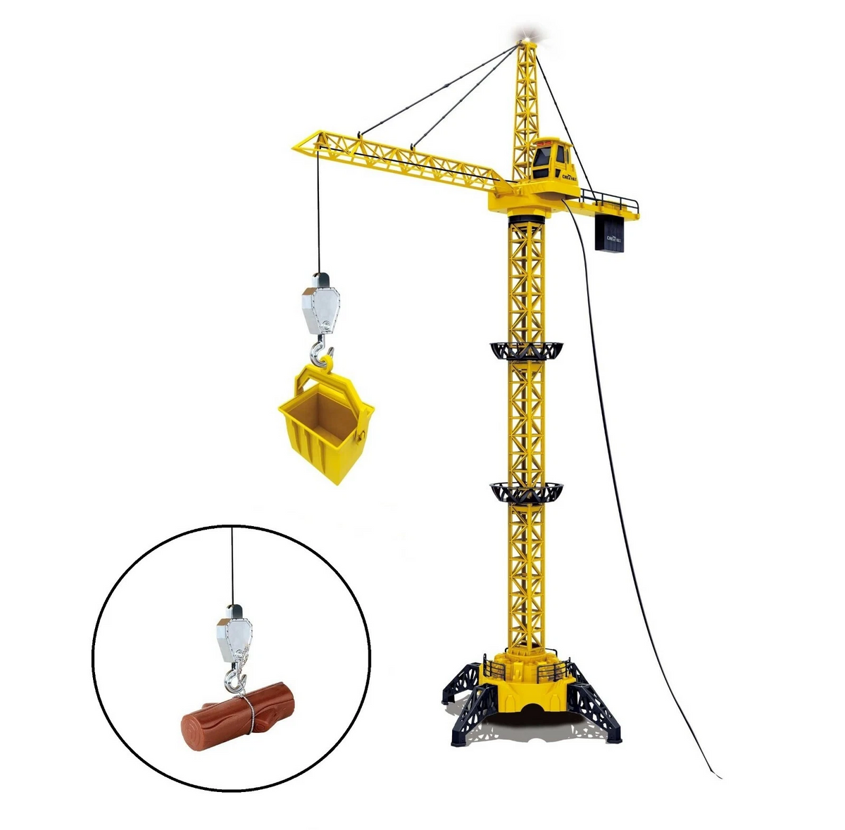 Toy crane with detailed features on a white background