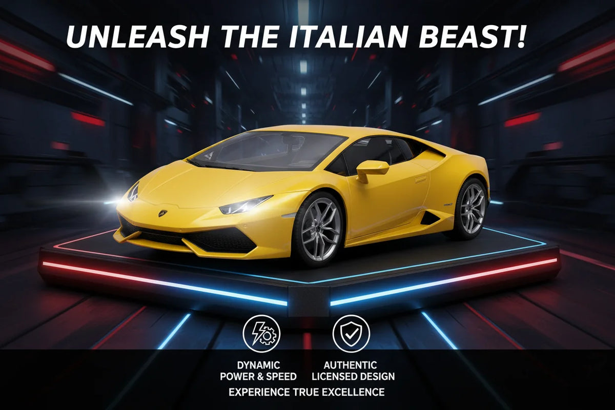 Yellow sports car on a dark platform with text 'Unleash the Italian Beast!' and branding elements.