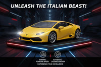 Yellow sports car on a dark platform with text 'Unleash the Italian Beast!' and branding elements.