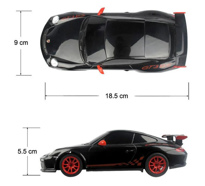 Black toy car with red accents and measurements on a white background