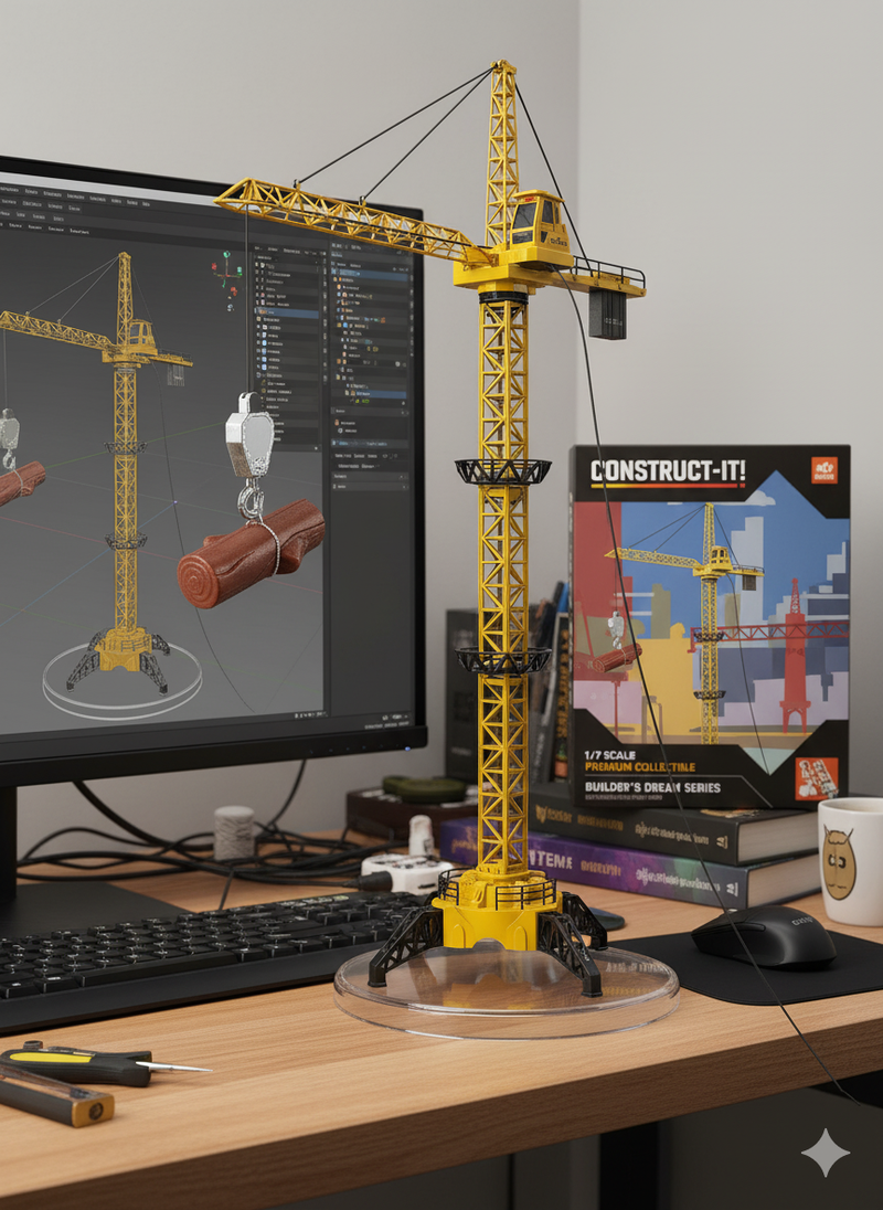 Yellow toy crane on a desk with a computer monitor displaying a 3D model of a crane.