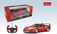 Red toy car and remote control with Rastar branding on a light blue background