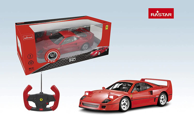 Red toy car and remote control with Rastar branding on a light blue background