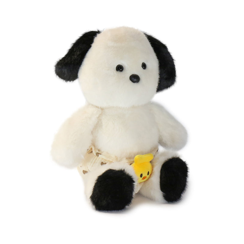 Plush toy panda with a yellow duck on a white background