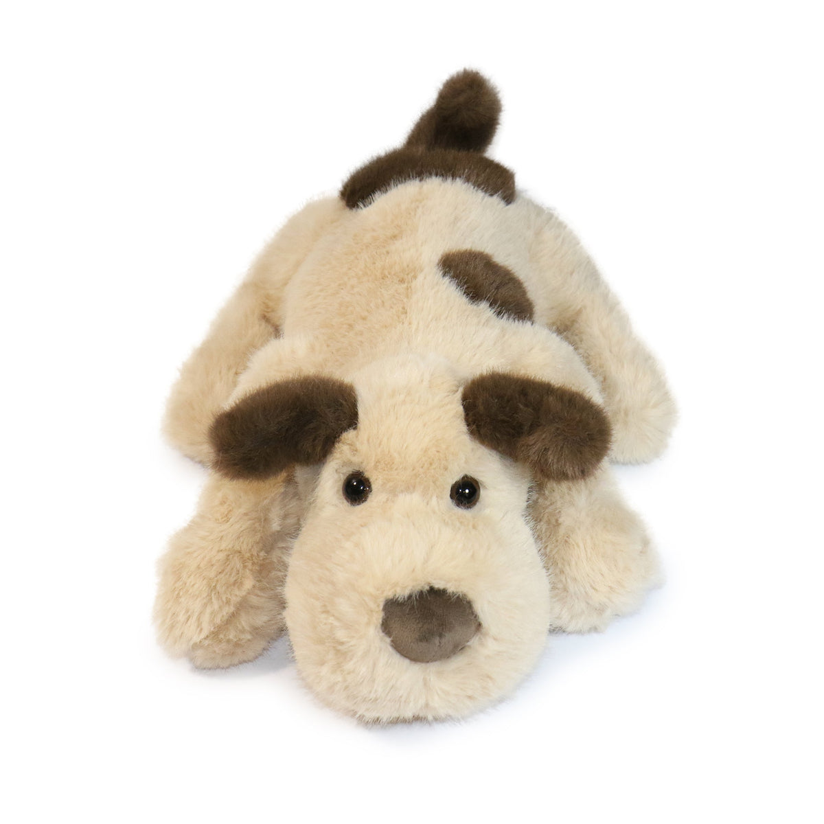 Plush toy dog with brown spots on a white background