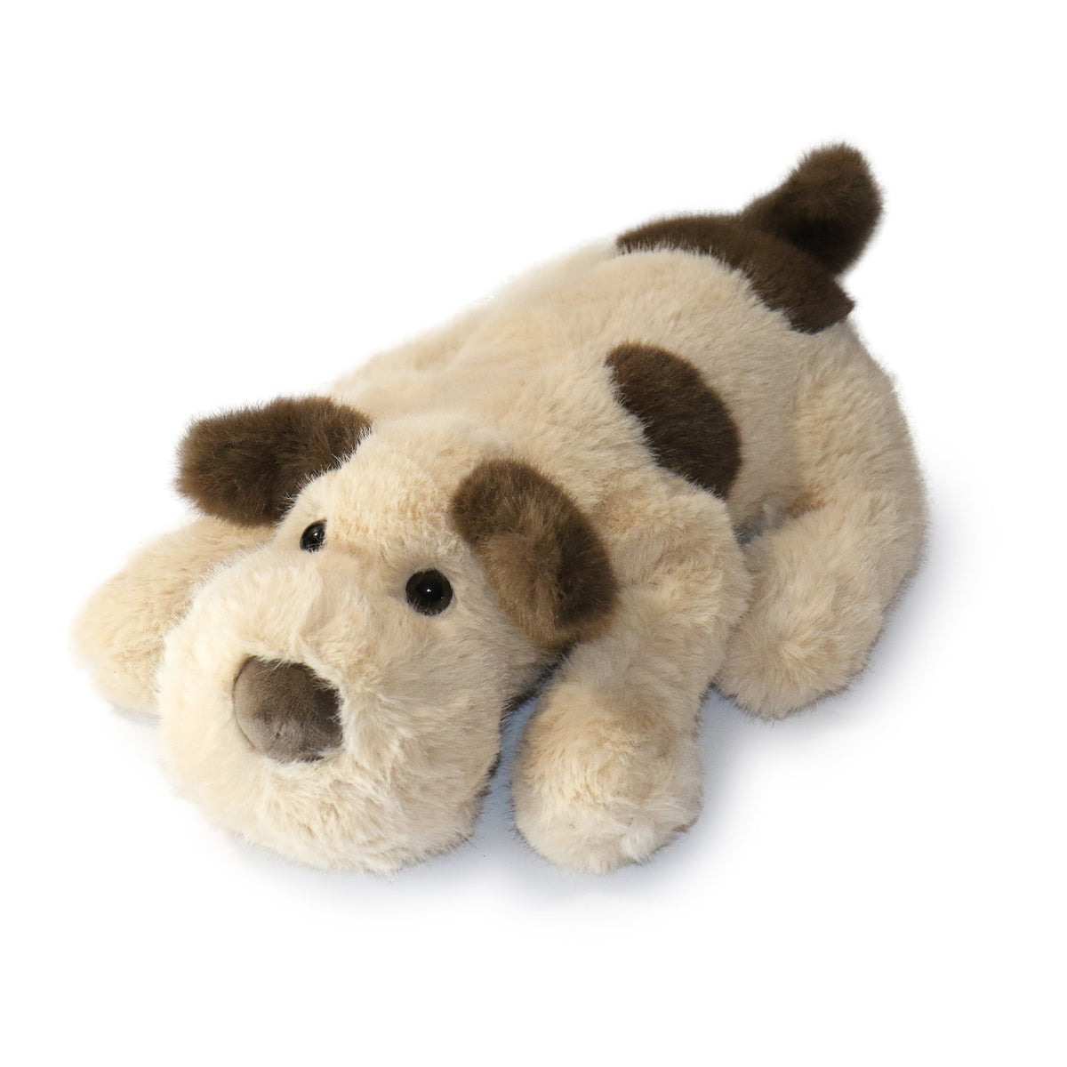 Plush dog toy with brown spots on a white background