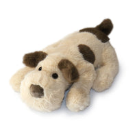 Plush dog toy with brown spots on a white background