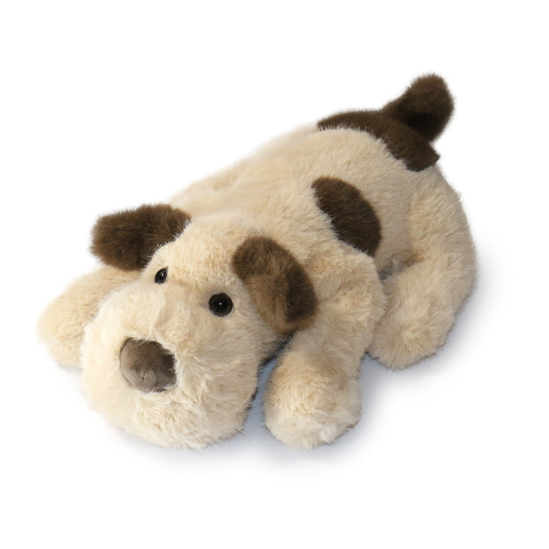 Plush dog toy with brown spots on a white background